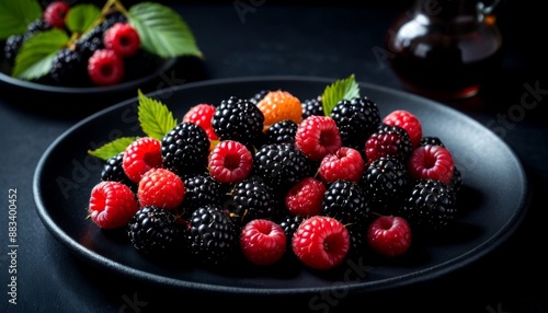 Fresh Raspberries and Blackberries on Dark Plate - Organic Summer Berries Closeup
