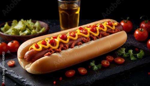 Gourmet Hot Dog with Mustard and Toppings Served with Beer - Classic American Fast Food