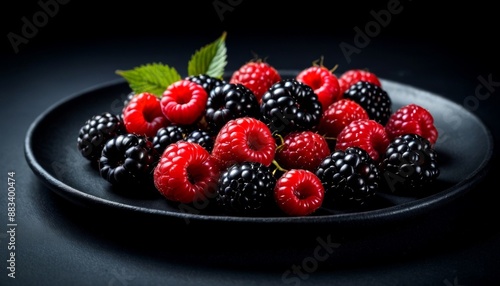 Fresh Raspberries and Blackberries on Dark Plate - Organic Summer Berries Closeup