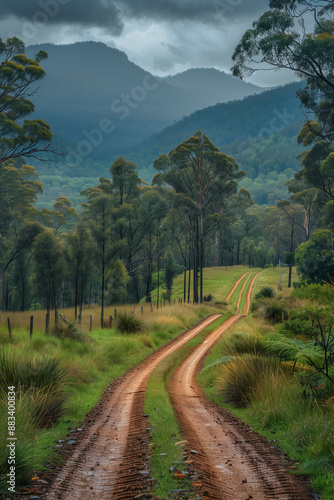 winding dirt road through lush green forested hills under cloudy sky, showcasing natural beauty, adventure, and peaceful rural landscape with mountain backdrop photo