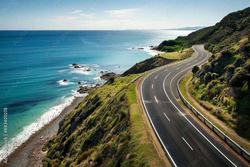 Peaceful road trip along a coastal highway, panoramic ocean views and tranquil beaches Peaceful road trip along a coastal highway, panoramic ocean views and tranquil beaches