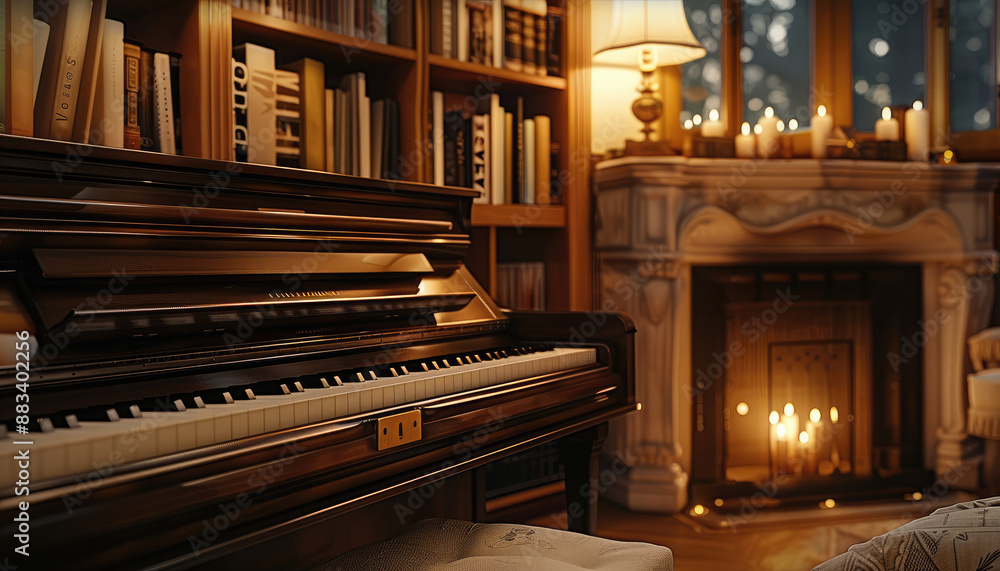 Upright piano in a cozy living room, Warm and inviting environment with bookshelves and a fireplace, Soft, warm lighting from a table lamp. Generative AI. Upright piano in a cozy living room, Warm and inviting environment with bookshelves and a fireplace, Soft, warm lighting from a table lamp. Generative AI.