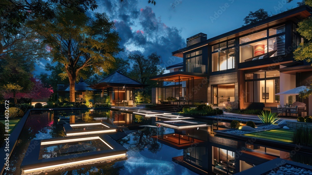 Fototapeta premium Night scene of a Suburban Contemporary home with outdoor LED path lighting and a reflective pool