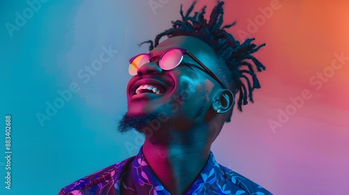 The retro wave or synth wave portrait of a young happy serious african man at studio. High Fashion male model in colorful bright neon lights posing on black background. Art design concept. 