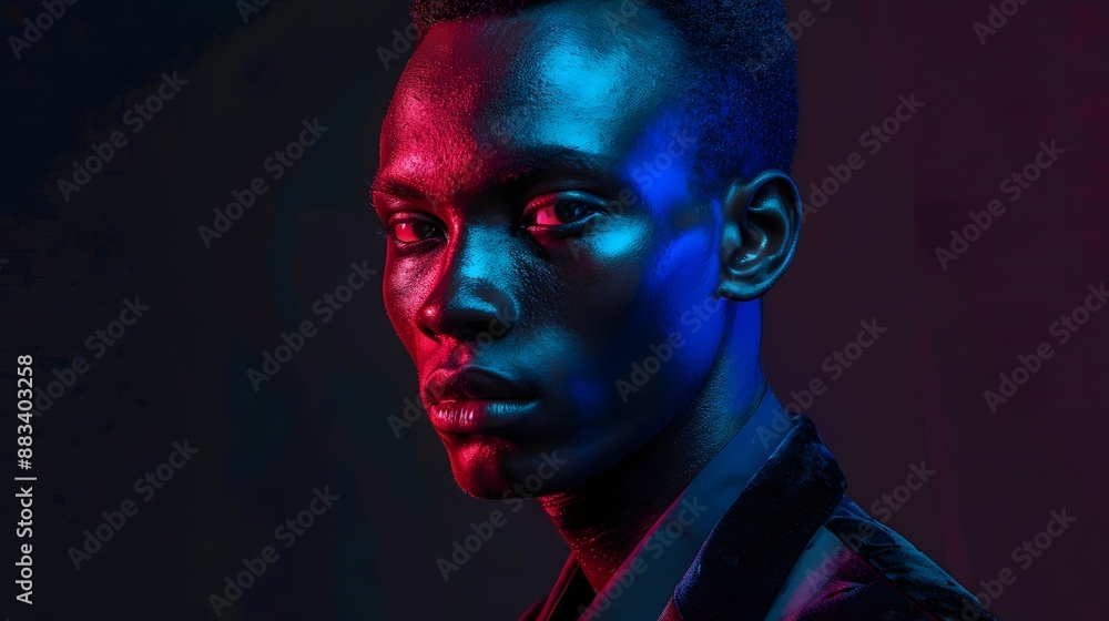 The retro wave or synth wave portrait of a young happy serious african man at studio. High Fashion male model in colorful bright neon lights posing on black background. Art design concept. The retro wave or synth wave portrait of a young happy serious african man at studio. High Fashion male model in colorful bright neon lights posing on black background. Art design concept.