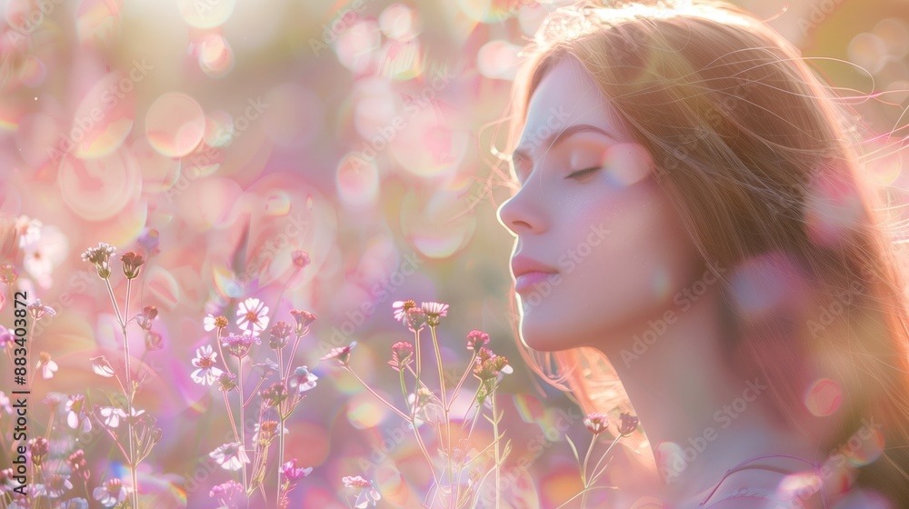a woman in a meadow, with a soft focus and bokeh effect highlighting the soft, pastel colors of the flowers and the dreamy landscape. a woman in a meadow, with a soft focus and bokeh effect highlighting the soft, pastel colors of the flowers and the dreamy landscape.