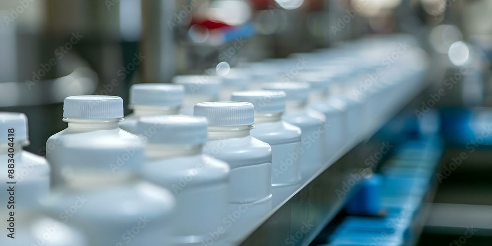 Filling milk or yogurt into plastic bottles at a dry plant. Concept Plastic Bottles, Dairy Production, Manufacturing Process, Food Industry, Filling Operations Filling milk or yogurt into plastic bottles at a dry plant. Concept Plastic Bottles, Dairy Production, Manufacturing Process, Food Industry, Filling Operations