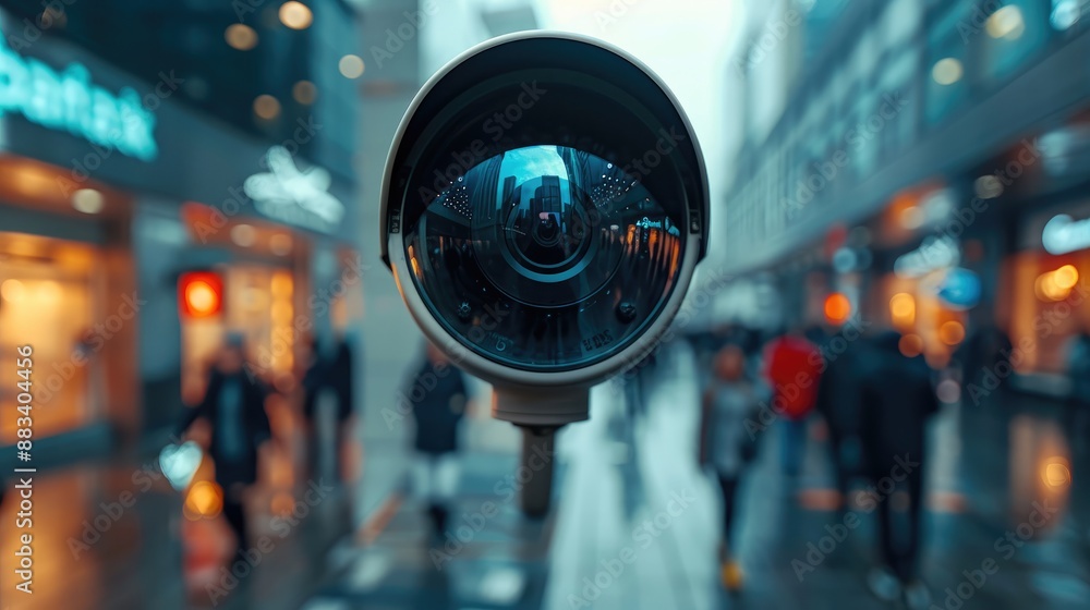 Close-up of a security camera lens reflecting panorama of business buildings looking secure and people walking around, night time. Generative AI. Close-up of a security camera lens reflecting panorama of business buildings looking secure and people walking around, night time. Generative AI.