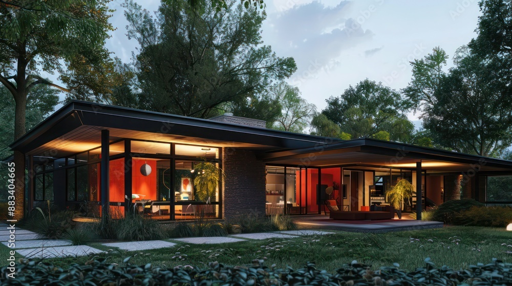 Side view of a Suburban Mid-Century Modern home with cantilevered overhangs and a seamless indoor-outdoor transition
