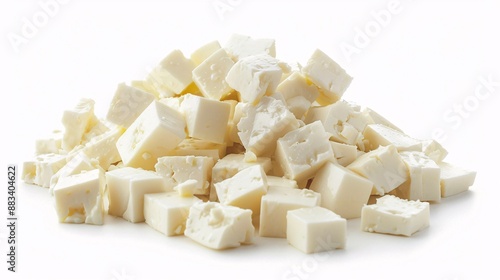 Heap of diced soft cheese isolated on white background, top view 