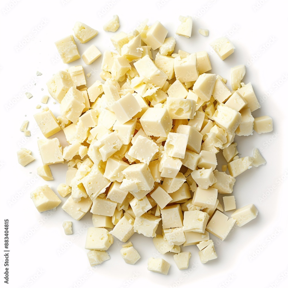 Heap of diced soft cheese isolated on white background, top view
Heap of diced soft cheese isolated on white background, top view