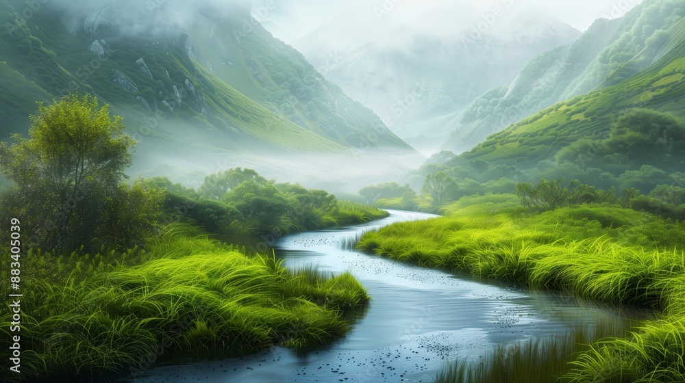 a tranquil river winding through a lush, green valley, with the water and foliage blending into a harmonious, dreamlike vision. 