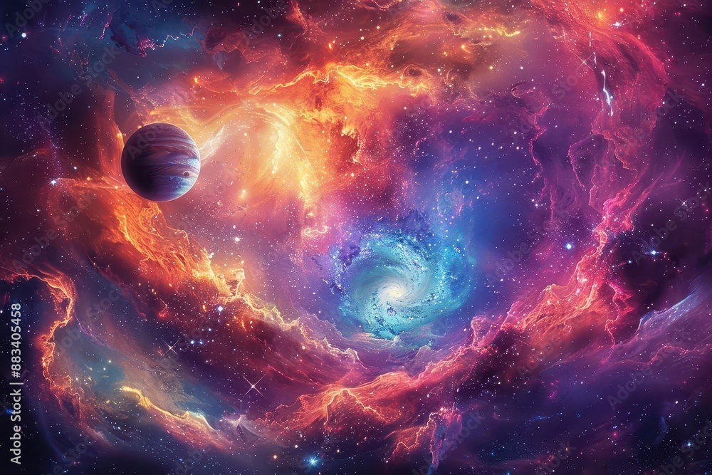 Obraz premium Colorful nebula with swirling galaxies and distant planet, showcasing the beauty and vastness of the universe.