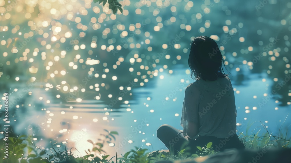 a woman by a tranquil lake, with a soft focus and bokeh effect accentuating the sparkling water and her peaceful demeanor. a woman by a tranquil lake, with a soft focus and bokeh effect accentuating the sparkling water and her peaceful demeanor.