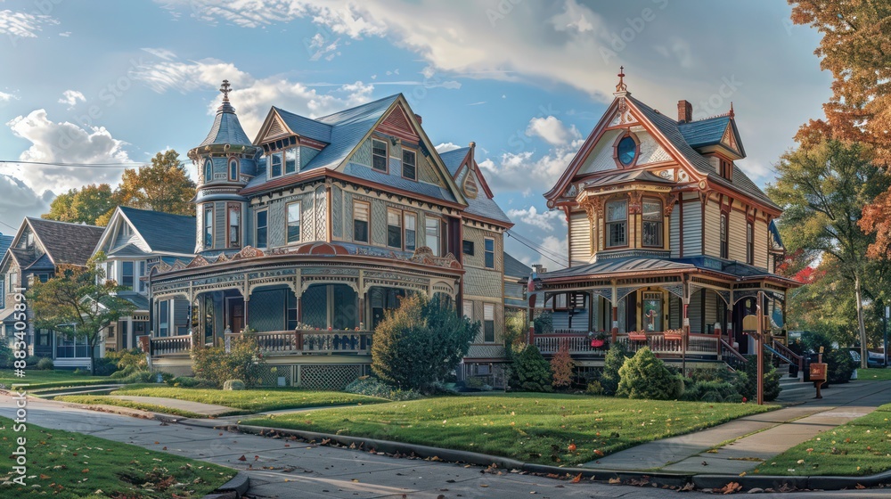Fototapeta premium Suburban Victorian home with intricate gingerbread trim along the eaves, meticulously painted to highlight its architectural beauty