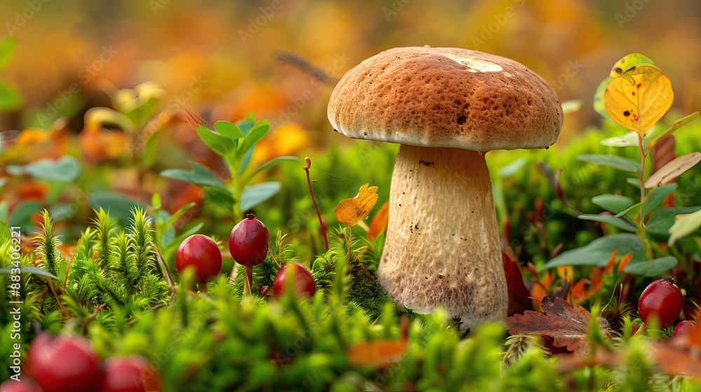 Close-up of a Porcini Mushroom Surrounded by Moss and Berries in Autumn Forest Close-up of a Porcini Mushroom Surrounded by Moss and Berries in Autumn Forest