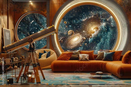 Galactic Observatory Lounge with a telescope, celestial maps, cosmic decor, and a space-themed, astronomical escape. Galactic observatory home decor. photo