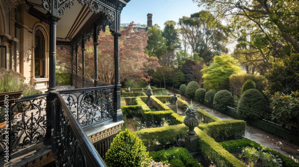 Obraz premium Suburban Victorian home with a bespoke wrought iron balcony, overlooking a formal English garden with sculpted boxwood hedges and flowering paths