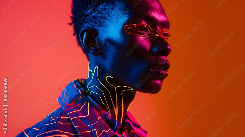 The retro wave or synth wave portrait of a young happy serious african man at studio. High Fashion male model in colorful bright neon lights posing on black background. Art design concept. The retro wave or synth wave portrait of a young happy serious african man at studio. High Fashion male model in colorful bright neon lights posing on black background. Art design concept.