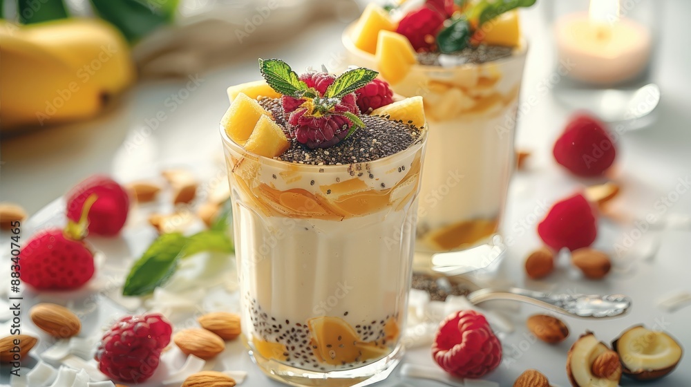 Almond milk with pieces of fresh fruit in beautiful glasses, garnished with chia seeds and coconut flakes. natural light. Generative AI. Almond milk with pieces of fresh fruit in beautiful glasses, garnished with chia seeds and coconut flakes. natural light. Generative AI.
