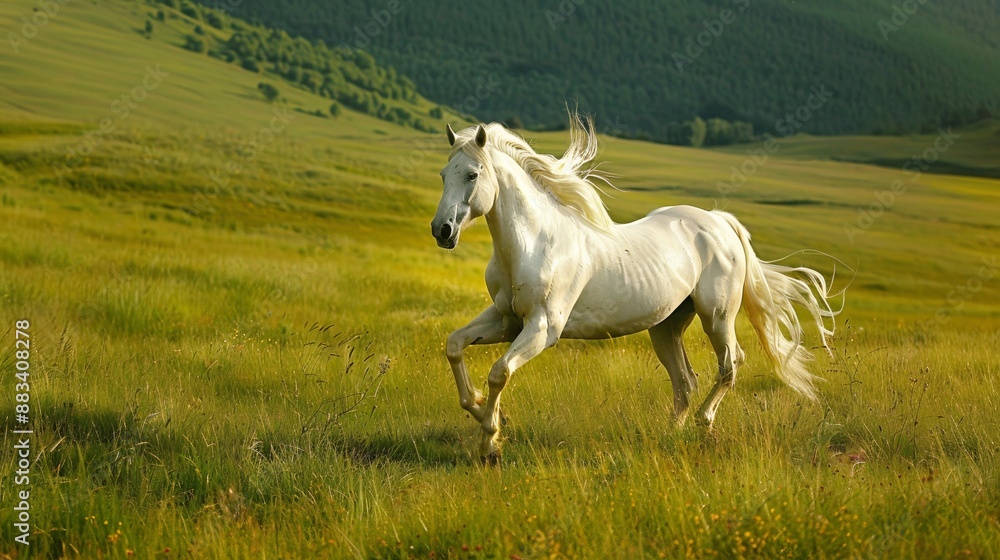 Obraz premium In the expansive green pasture, a magnificent white stallion gallops freely, its mane flowing like a banner of freedom in the wind. 