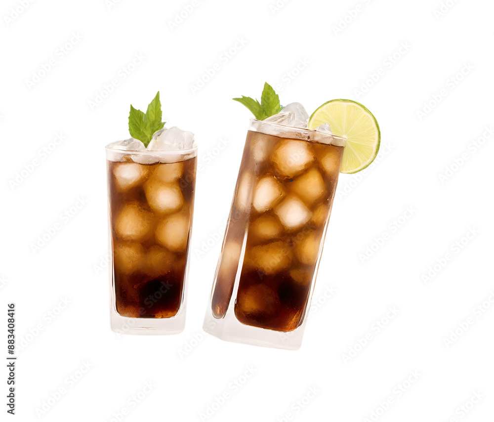 glass of cola and rum with lemon and mint, isolated on white background glass of cola and rum with lemon and mint, isolated on white background