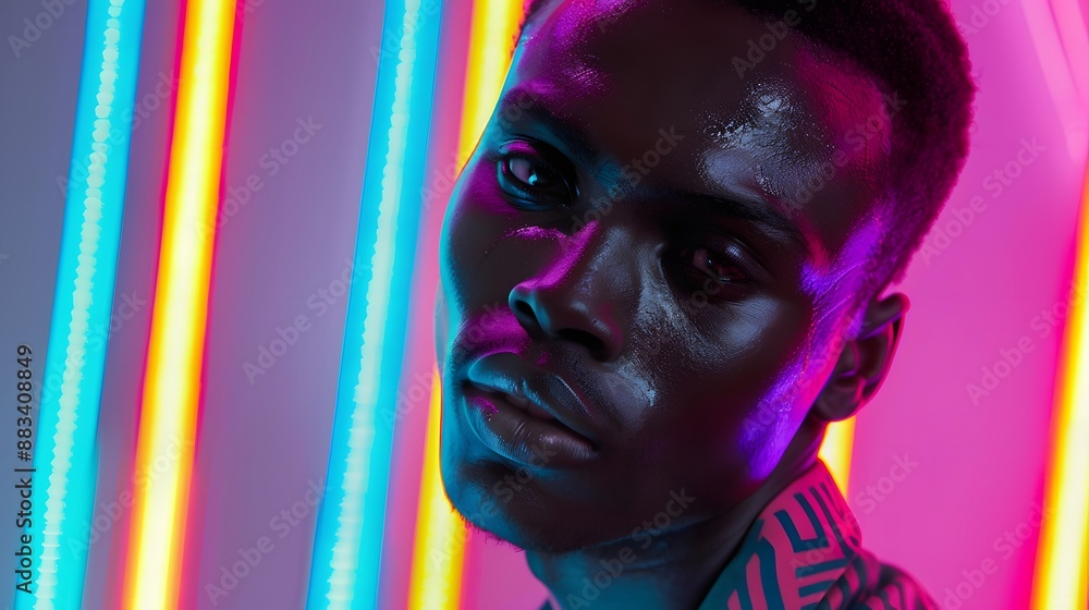 The retro wave or synth wave portrait of a young happy serious african man at studio. High Fashion male model in colorful bright neon lights posing on black background. Art design concept. The retro wave or synth wave portrait of a young happy serious african man at studio. High Fashion male model in colorful bright neon lights posing on black background. Art design concept.