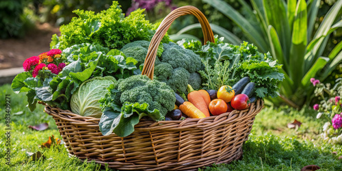 Fresh kale and organic vegetables overflow from a wicker basket in a lush garden, symbolizing a happy single mother's healthy lifestyle and love for nature. photo