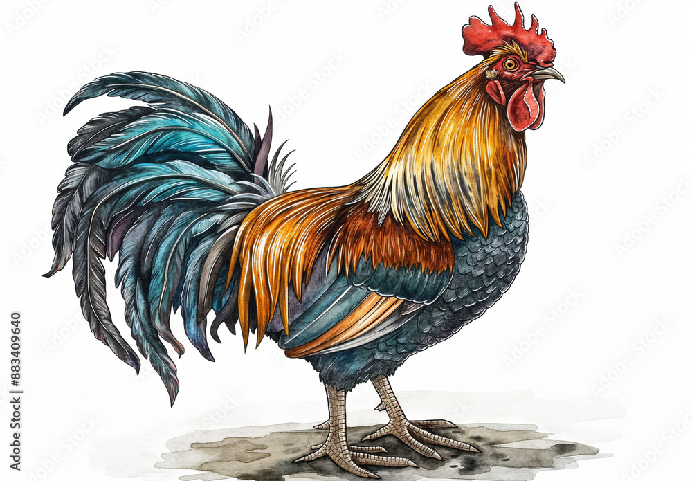 Fototapeta premium illustration of a rooster, oil painting, white background