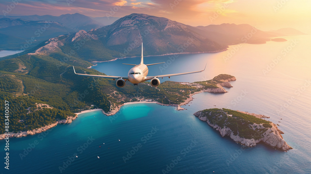 Naklejka premium Concept of airplane travel to exotic destination with shadow of commercial airplane flying above beautiful tropical beach. Beach holidays and travel. 