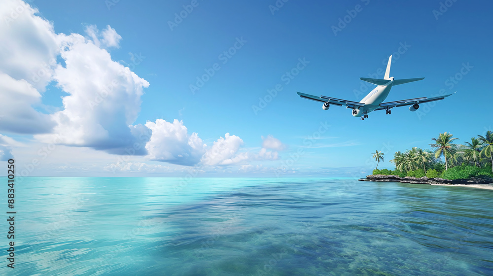 Obraz premium Concept of airplane travel to exotic destination with shadow of commercial airplane flying above beautiful tropical beach. Beach holidays and travel. 
