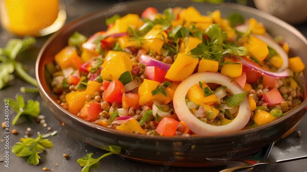 An invigorating cold salad with buckwheat diced red onions and vibrant diced mango all coated in a light and refreshing citrus dressing. An invigorating cold salad with buckwheat diced red onions and vibrant diced mango all coated in a light and refreshing citrus dressing.