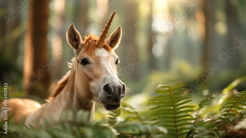 A mystical image of a brown unicorn standing amid forest ferns with sunlight beams piercing through the trees, highlighting the enigmatic and magical aura of the creature. photo