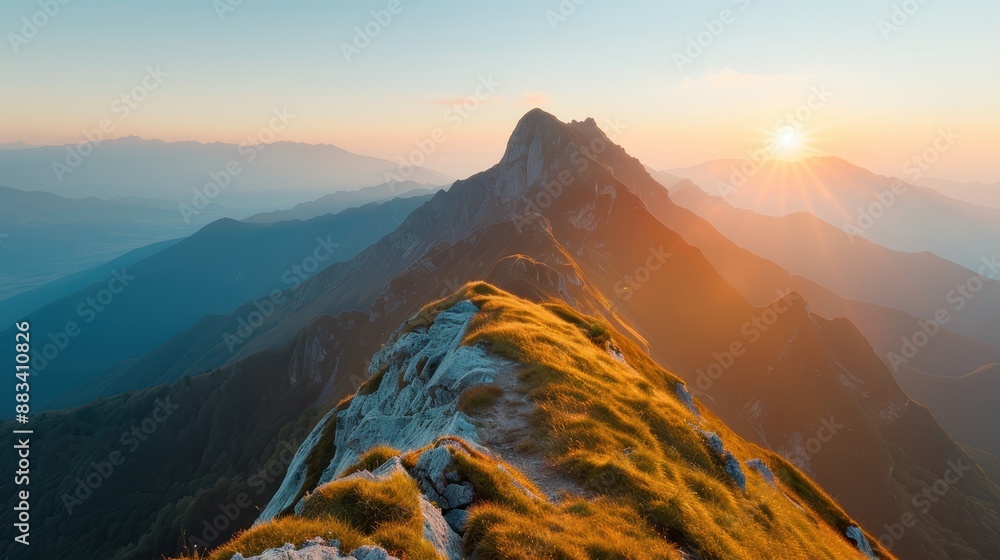 Φωτογραφία A breathtaking sunrise over a mountain peak with golden light streaming across the landscape, highlighting the rugged beauty and serene expanse of the towering highlands