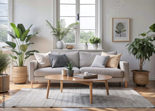 Serenely minimalist Scandinavian living room with sparse furniture  natural textures  and zen accents  featuring a sleek sofa  plants  and a simplistic wooden coffee table.