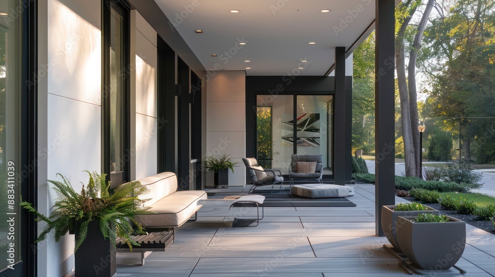 Suburban Contemporary home's front porch with modern seating, potted plants, and a minimalist aesthetic Suburban Contemporary home's front porch with modern seating, potted plants, and a minimalist aesthetic