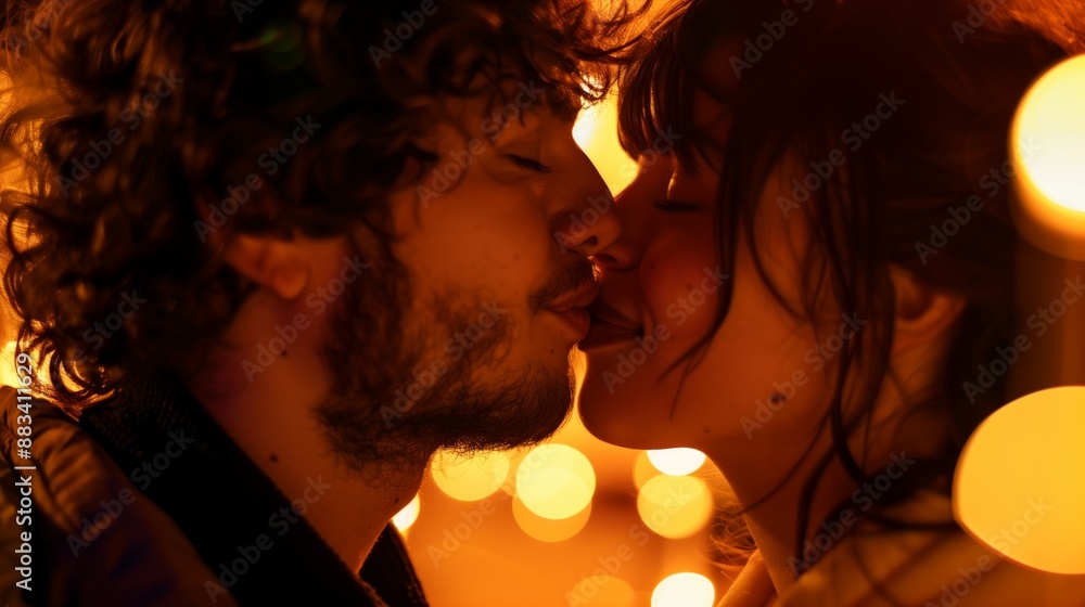 Close-up of a couple sharing a romantic kiss with warm, bokeh lights in the background creating a cozy atmosphere. Close-up of a couple sharing a romantic kiss with warm, bokeh lights in the background creating a cozy atmosphere.