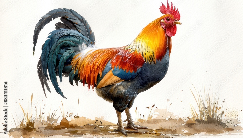 Fototapeta premium A Watercolor Painting of a Proud Rooster