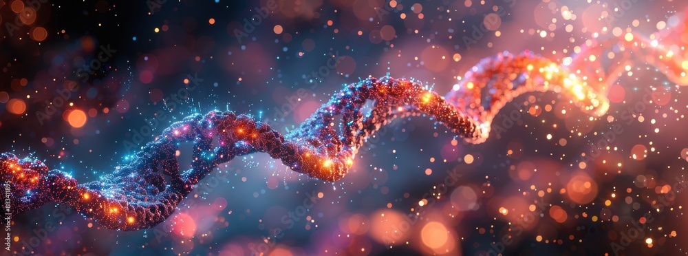 A vivid 3D representation of a DNA helix with glowing, futuristic elements in a scientific backdrop. A vivid 3D representation of a DNA helix with glowing, futuristic elements in a scientific backdrop.