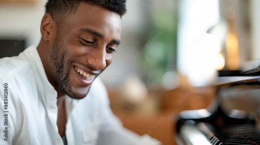 This image captures a person deeply engaged in playing the piano in a warmly lit indoor environment, highlighting their connection to the instrument and the soothing ambiance of the room. This image captures a person deeply engaged in playing the piano in a warmly lit indoor environment, highlighting their connection to the instrument and the soothing ambiance of the room.