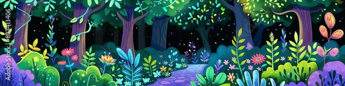 Whimsical vibrant cartoon forest path at night with a glowing river and fantastical flowers
