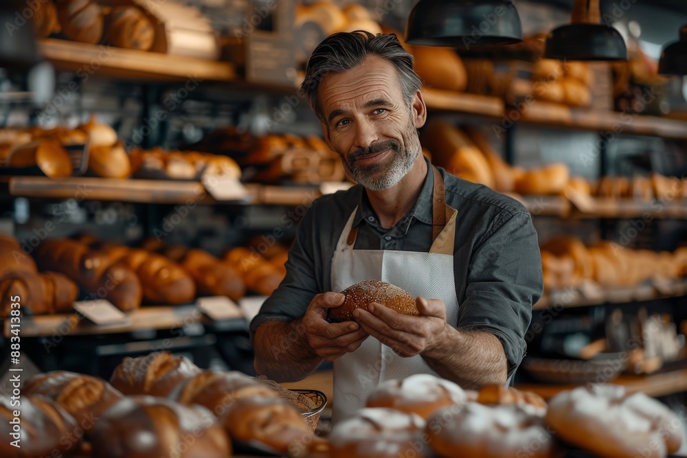 Man baker in uniform in a bakery Man baker in uniform in a bakery