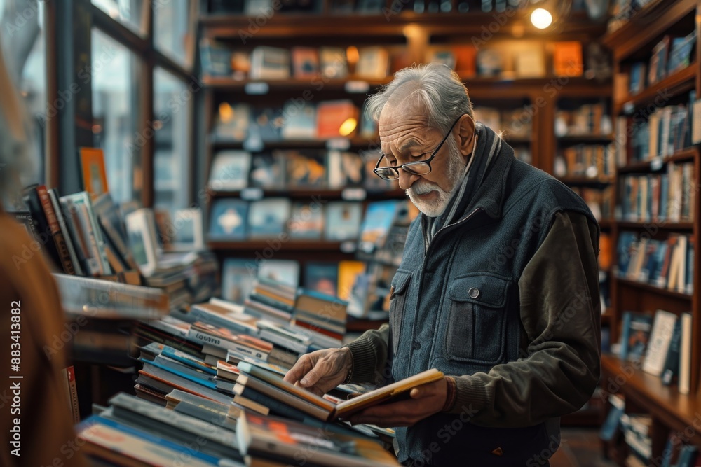 Senior man buy book in a bookstore Senior man buy book in a bookstore