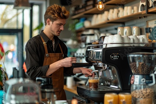 Young man barista making coffee in a café
