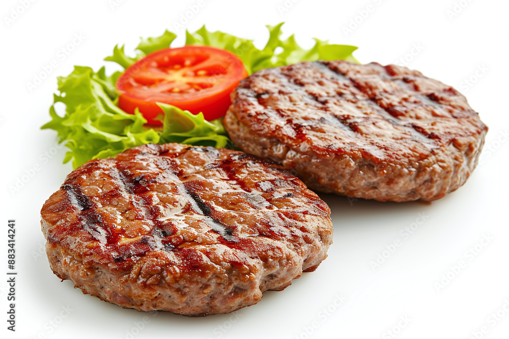 Grilled burger meat with spices isolated on white background. Close up Grilled burger meat with spices isolated on white background. Close up