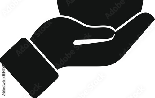 Black and white icon of a hand holding an empty bowl, symbolizing poverty, hunger, or need