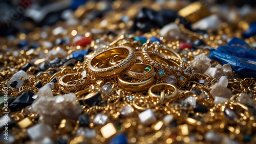 Gold jewelry glistening amidst piles of plastic trash