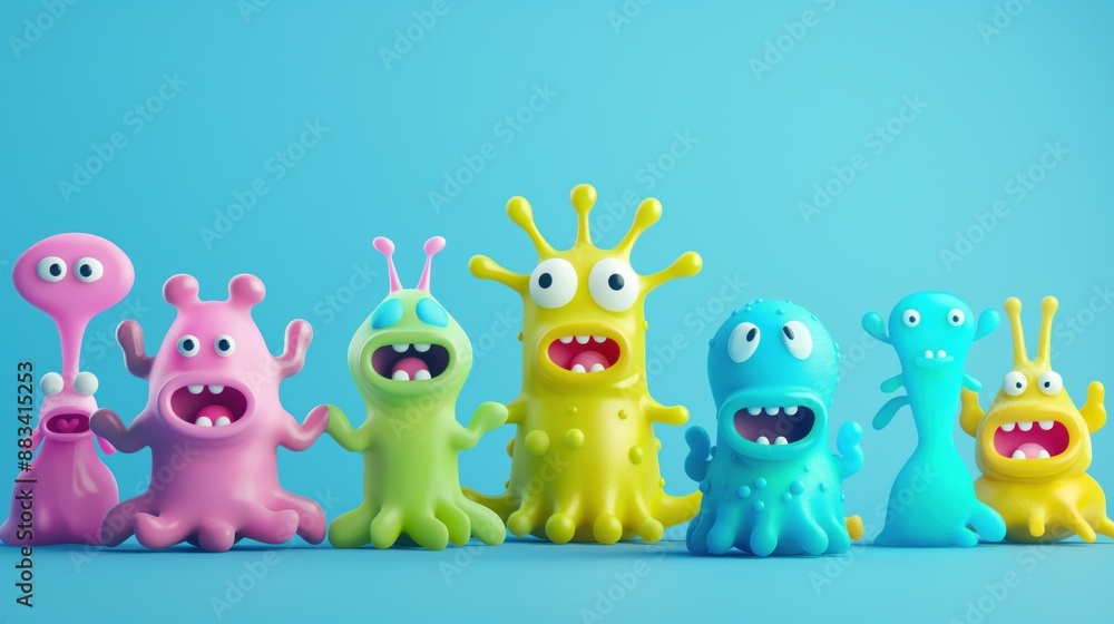 Naklejka premium A lineup of colorful, cartoonish alien monsters with different shapes and expressions, standing against a light blue background.