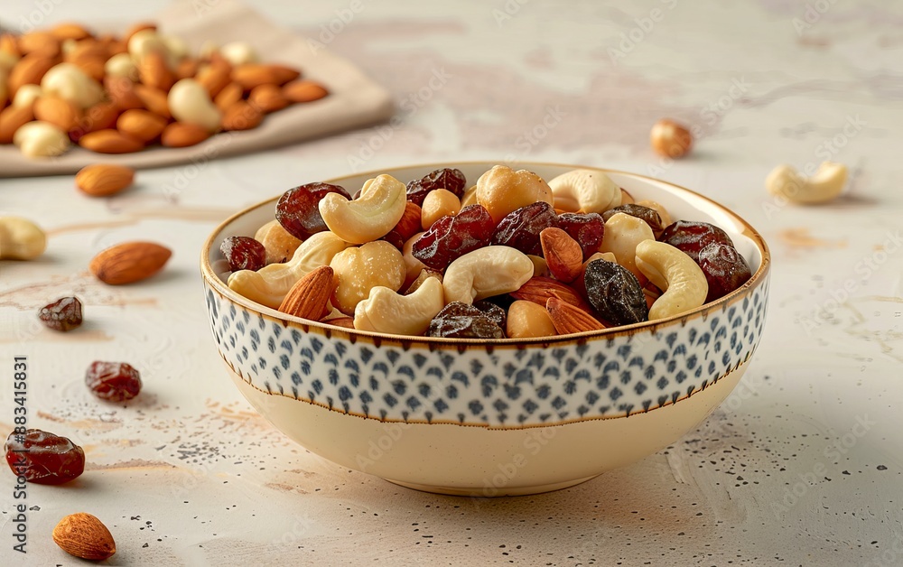 A bowl filled with nuts and raisins placed on a table A bowl filled with nuts and raisins placed on a table