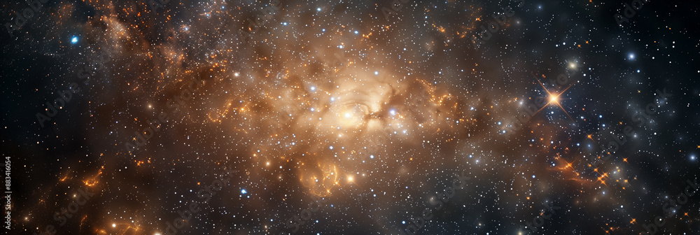 Fototapeta premium Enchanting Cosmic Vista: A Stellar Journey Through the Star-Studded Infinity of Space. Universe, stars, deep space. Wide Horizontal Template, poster, banner, cover, header. Generative Ai content